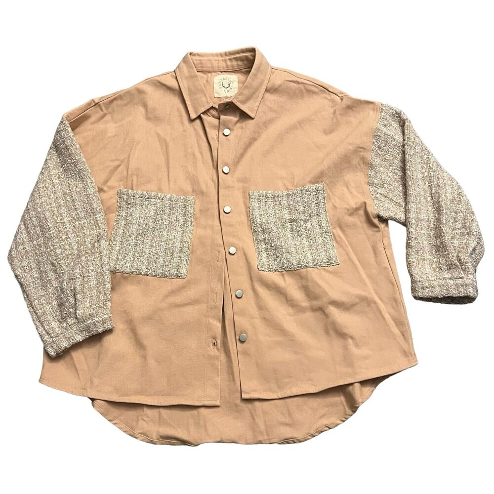 Fantastic Fawn Pink Oversized Denim Jacket with Tweed Pockets and Sleeves